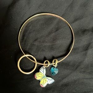 gold tone keychain bracelet w/ Beautiful blue heart charm and butterfly charm